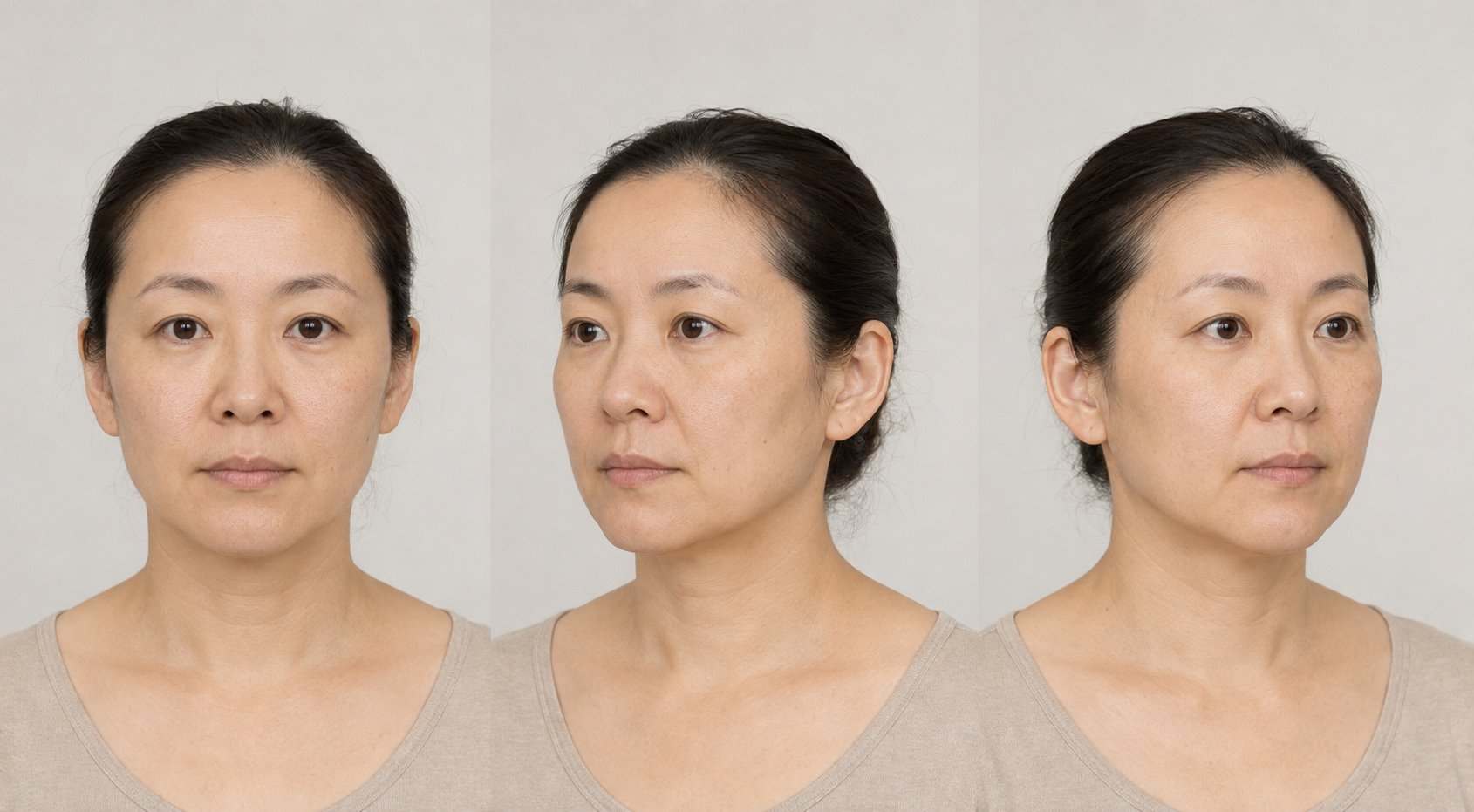 合成示例人物的正面、左右四十五度视角